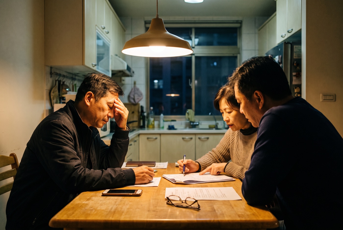 三位家人晚上在餐桌前對著一堆資料討論